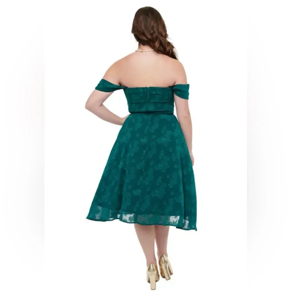 Unique Vintage 1950s Teal Green Jacquard Off Shoulder Flare Dress, Size  XL, NWT - Picture 7 of 15